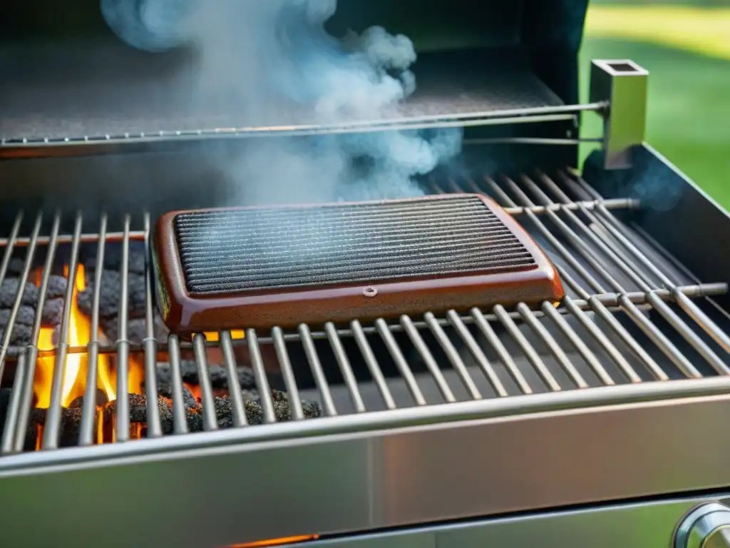 Rejilla de parrilla reluciente bajo el sol en un jardín verde, lista para asados