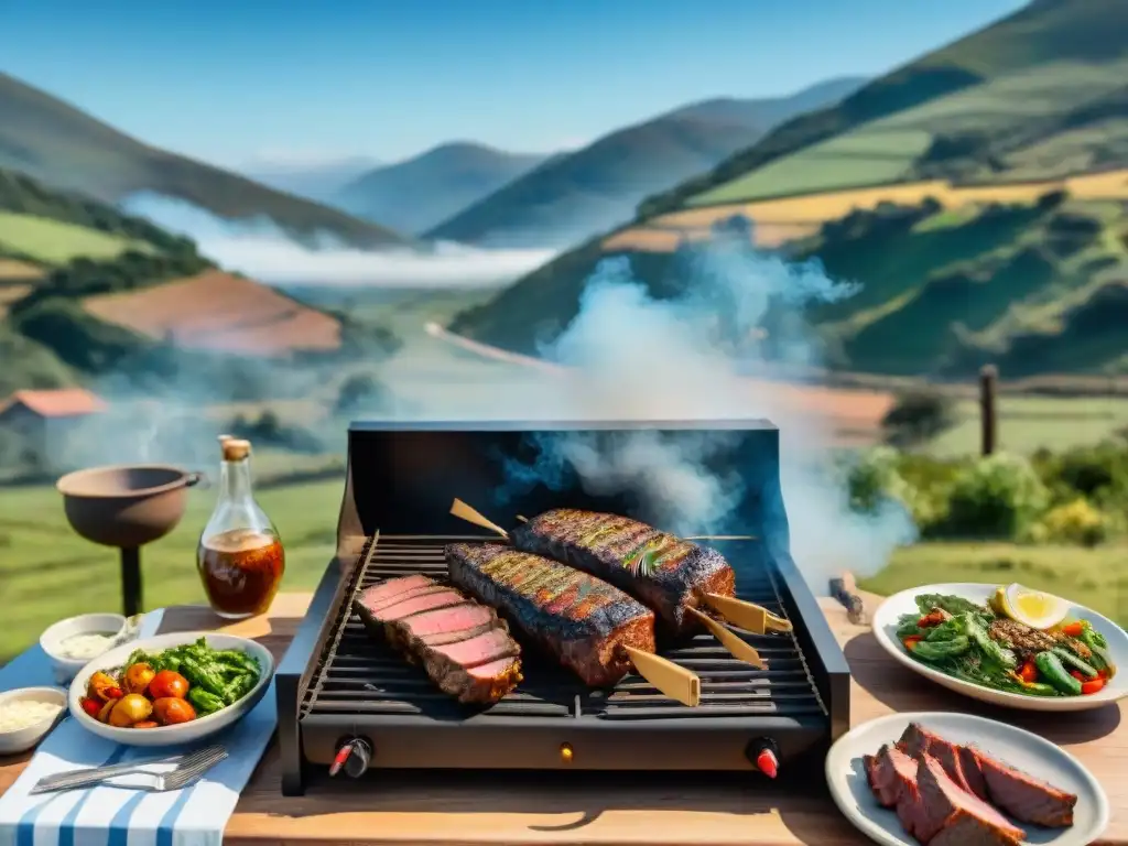 Una representación detallada del arte del asado uruguayo online, con carnes y guarniciones tradicionales en un escenario campestre