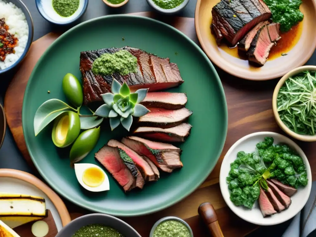 Una representación detallada de los mejores cortes de asado Uruguayos en una parrilla, con chimichurri y accesorios gauchos, en un entorno campestre