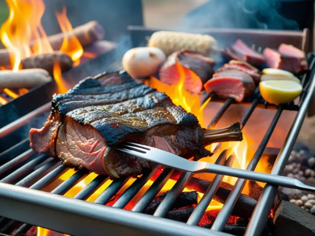 Una representación detallada y realista del asado uruguayo tradicional con gauchos y carnes a la parrilla