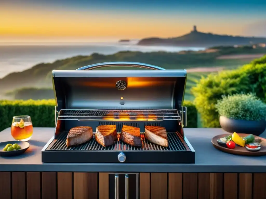 Reseñas parrillas alta gama Uruguay: parrilla moderna en patio lujoso, al atardecer frente al mar