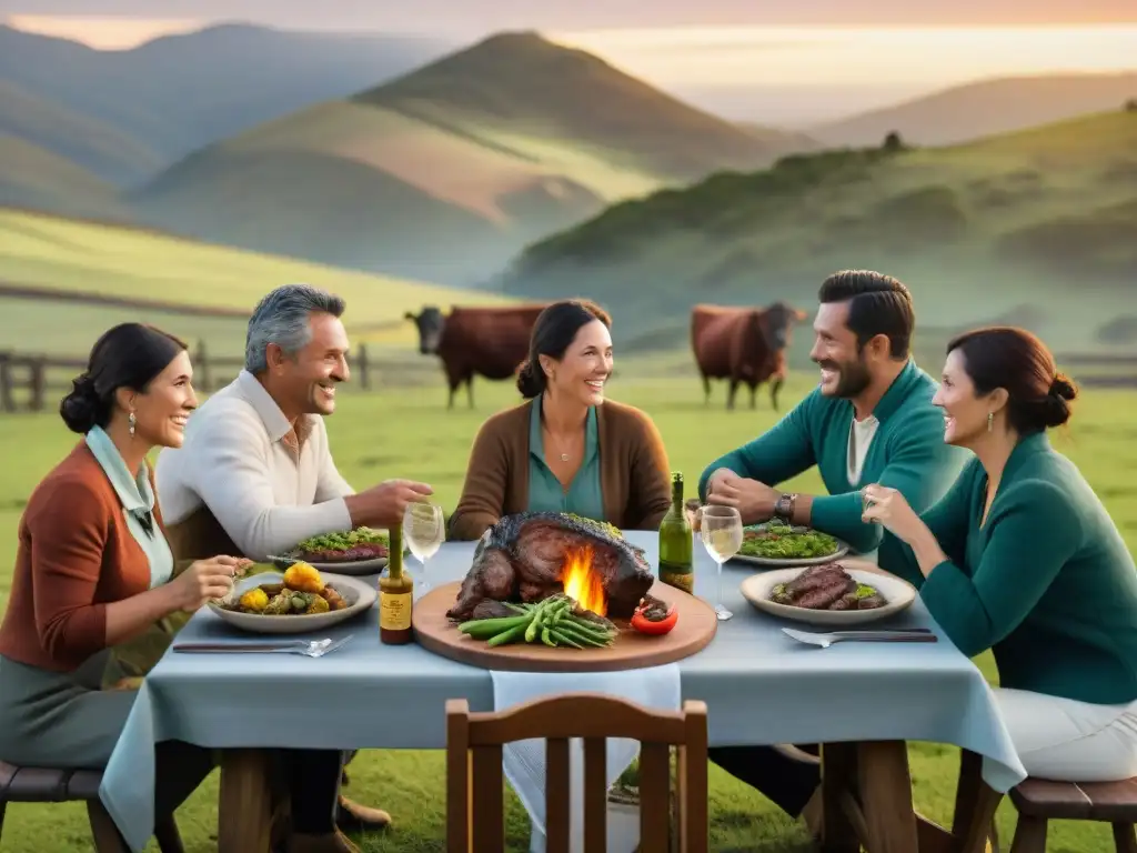 Un retiro de asado en estancias: amigos y familia disfrutan de un asado uruguayo en un atardecer vibrante y acogedor