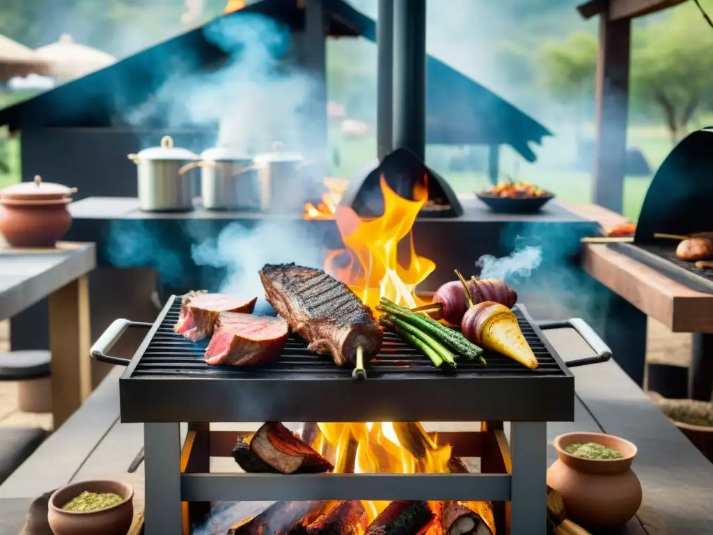 Un retrato detallado y realista de chefs uruguayos revolucionando la parrilla con su asado, rodeados de humo y sabores