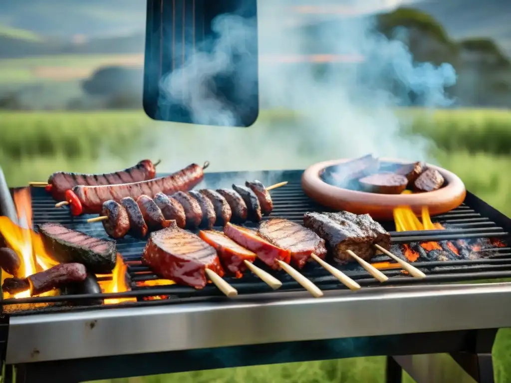 Un retrato evocador de la evolución del asado uruguayo a la sofisticación, con una parrilla tradicional repleta de carnes y gauchos