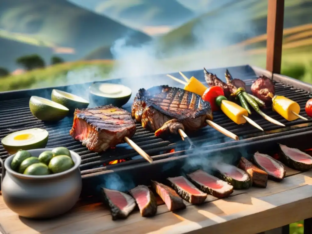 Deliciosa parrillada uruguaya en el campo Un retrato vívido de una parrillada uruguaya tradicional en un entorno campestre, mostrando una variedad de carnes suculentas a la parrilla