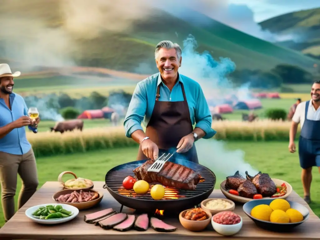 Una reunión al aire libre en Uruguay con un asado tradicional, rodeado de gente disfrutando