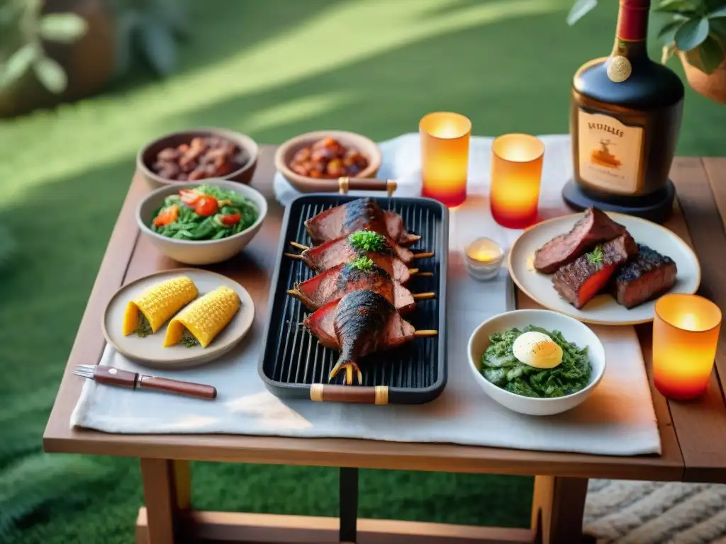 Asado uruguayo: Exquisita parrillada al aire libre Convivial reunión al aire libre con asado uruguayo y marcas de bebidas, en un entorno natural y cálido