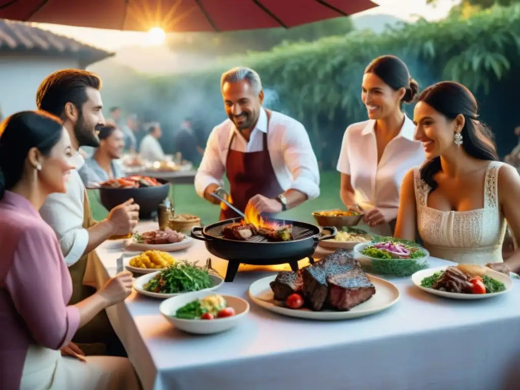 Una reunión al aire libre de un asado uruguayo tradicional con una mesa bellamente decorada, invitados elegantes y vegetación exuberante