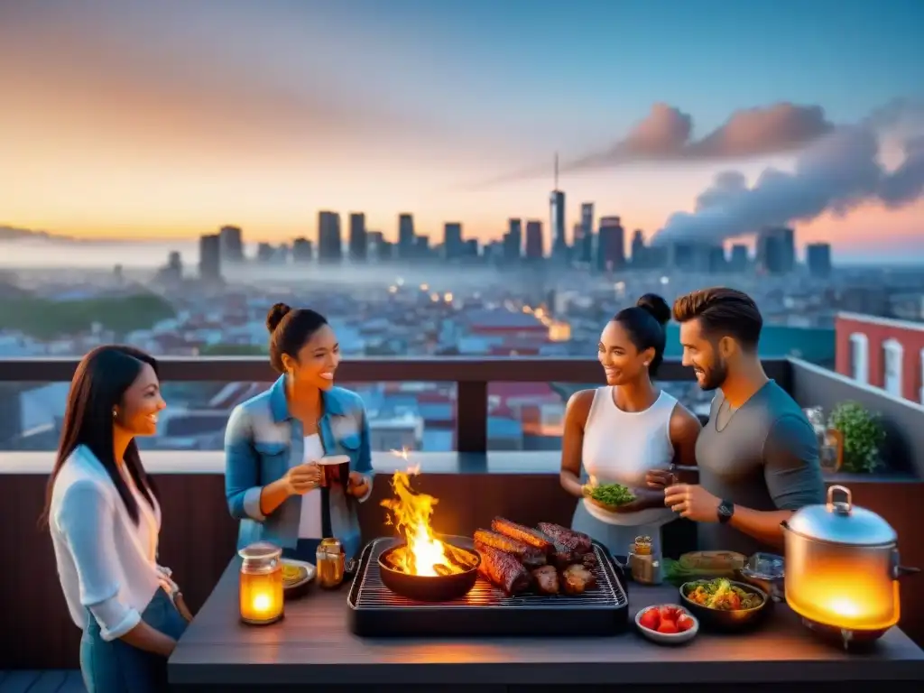 Una reunión alegre de amigos en un asado urbano compacto, siguiendo consejos de seguridad, bajo el cielo nocturno iluminado de la ciudad