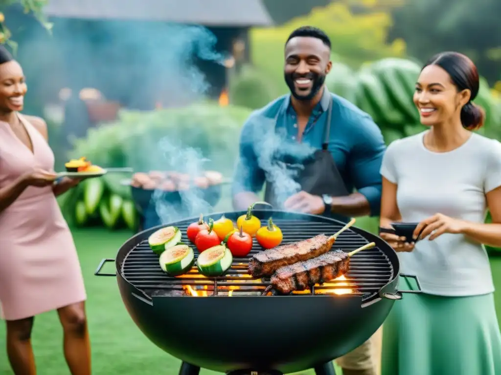 Una reunión alegre alrededor de la parrilla, cocinando alimentos vegetales variados en un entorno natural exuberante