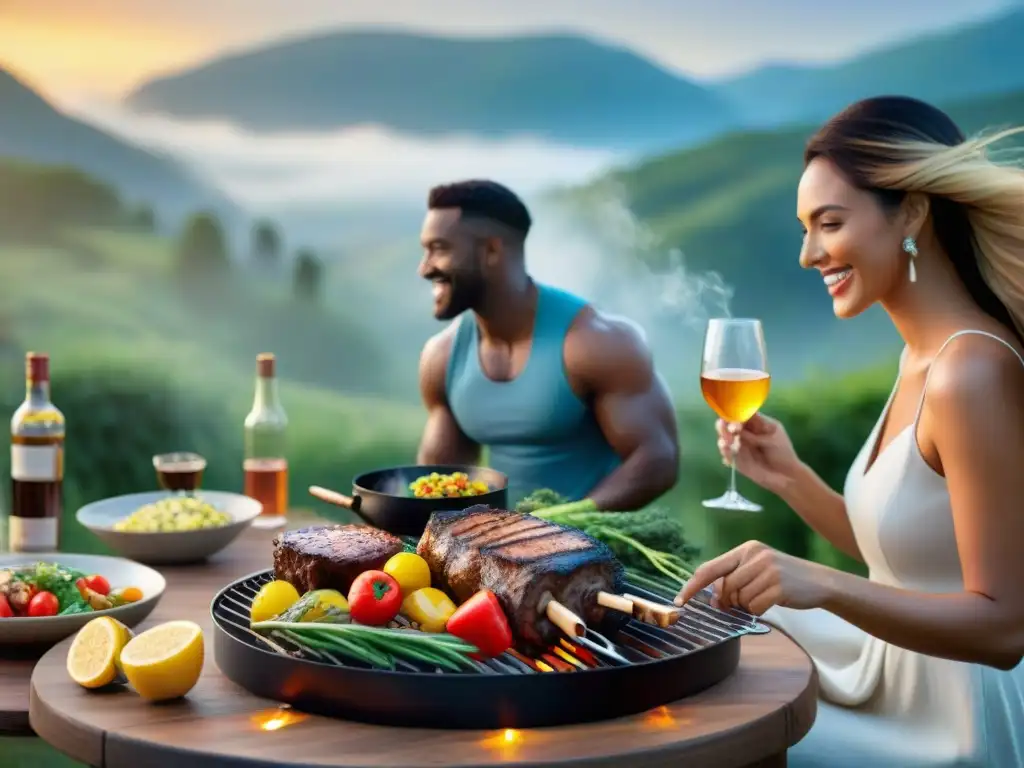 Una reunión de amigos en un asado al aire libre, con deliciosa comida y conversaciones animadas al atardecer