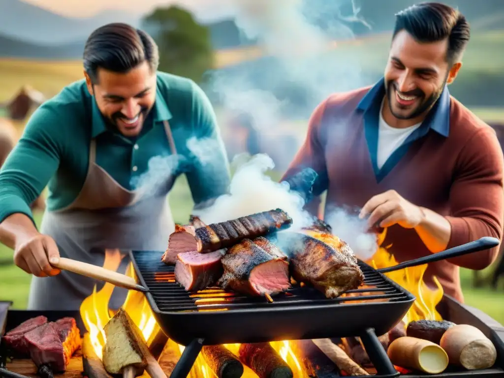 Reunión de amigos disfrutando del asado uruguayo tradicional en el campo