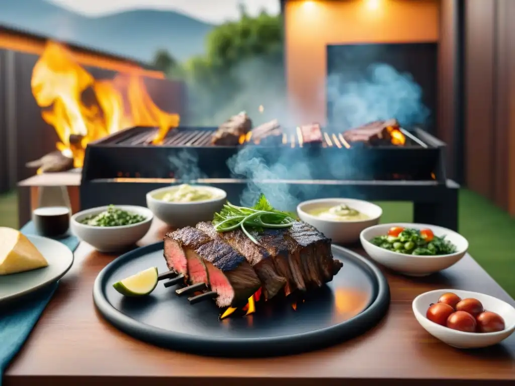 Reunión de amigos en un asado uruguayo moderno al atardecer con tendencias de parrilla