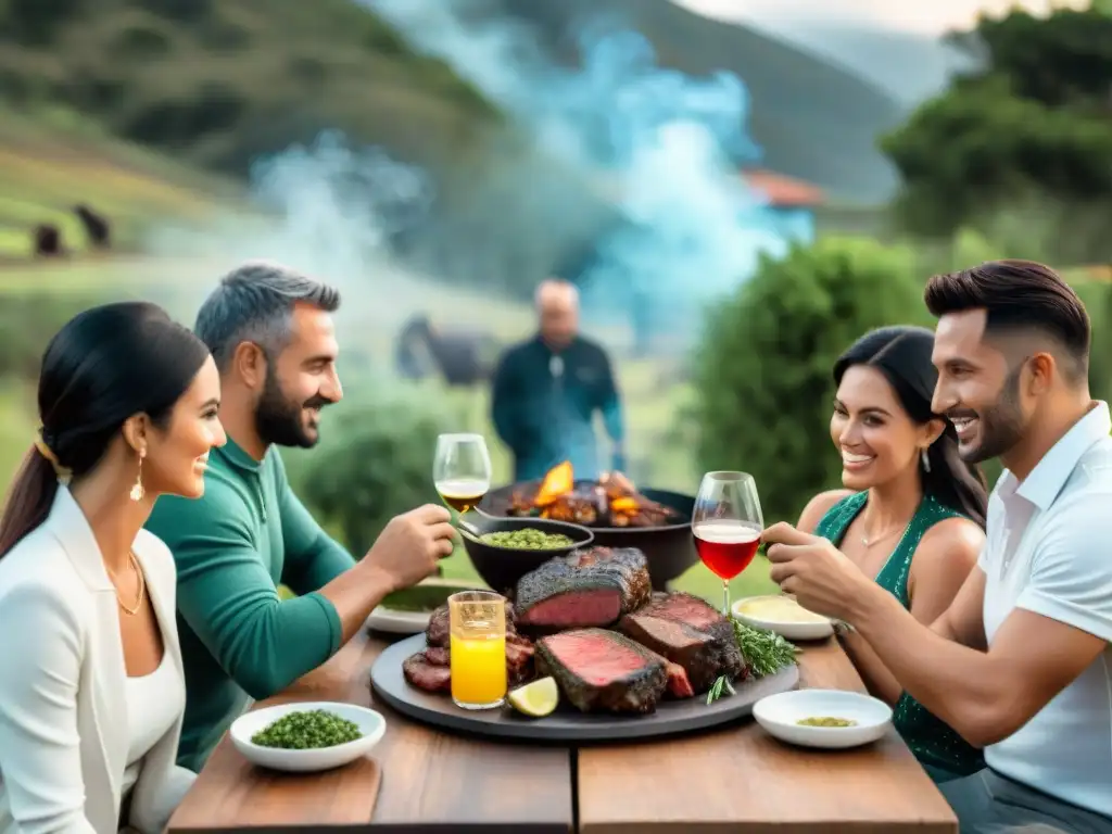 Una reunión de amigos y familia alrededor de un asado uruguayo tradicional, con cortes de carne a la parrilla y vino tinto