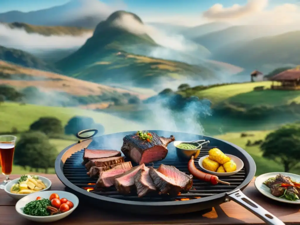 Delicioso asado uruguayo en el campo Una reunión de amigos y familiares disfrutando de un asado uruguayo, con carnes, chimichurri y paisaje campestre