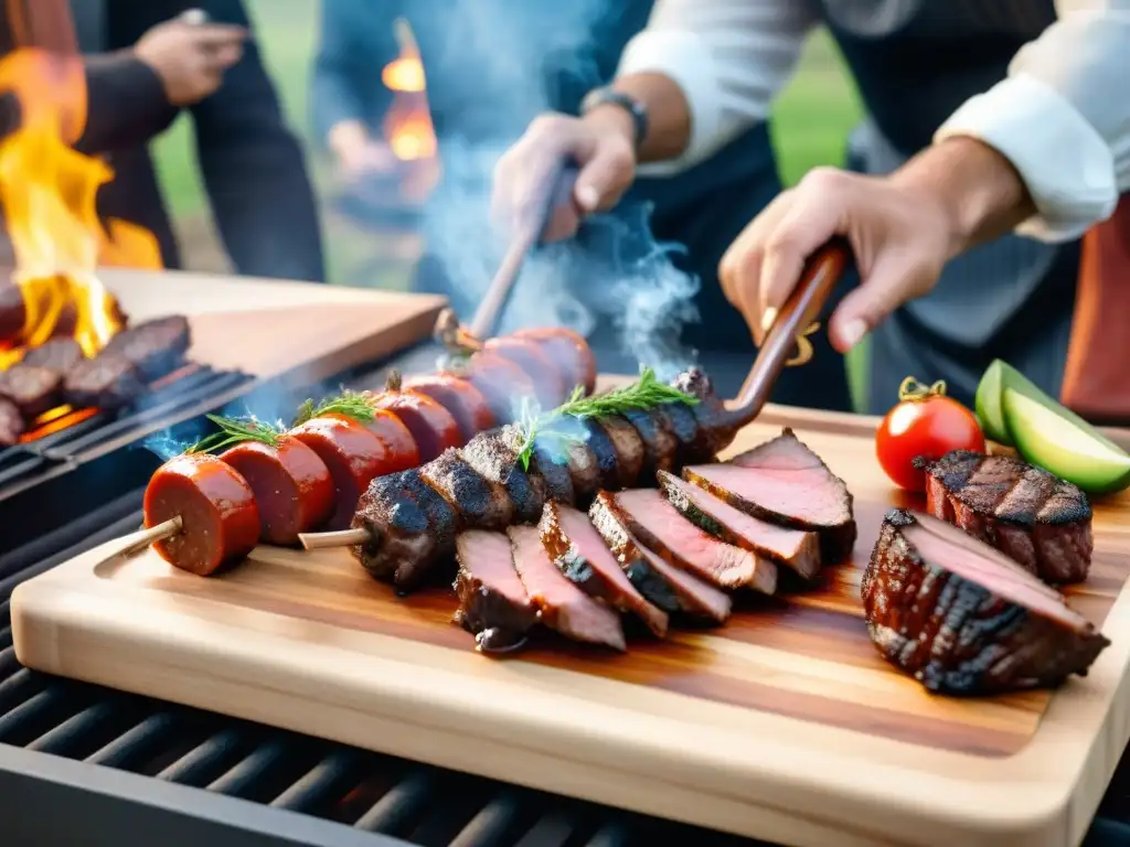 En una reunión de amigos alrededor de una parrilla inteligente, disfrutando de un asado uruguayo