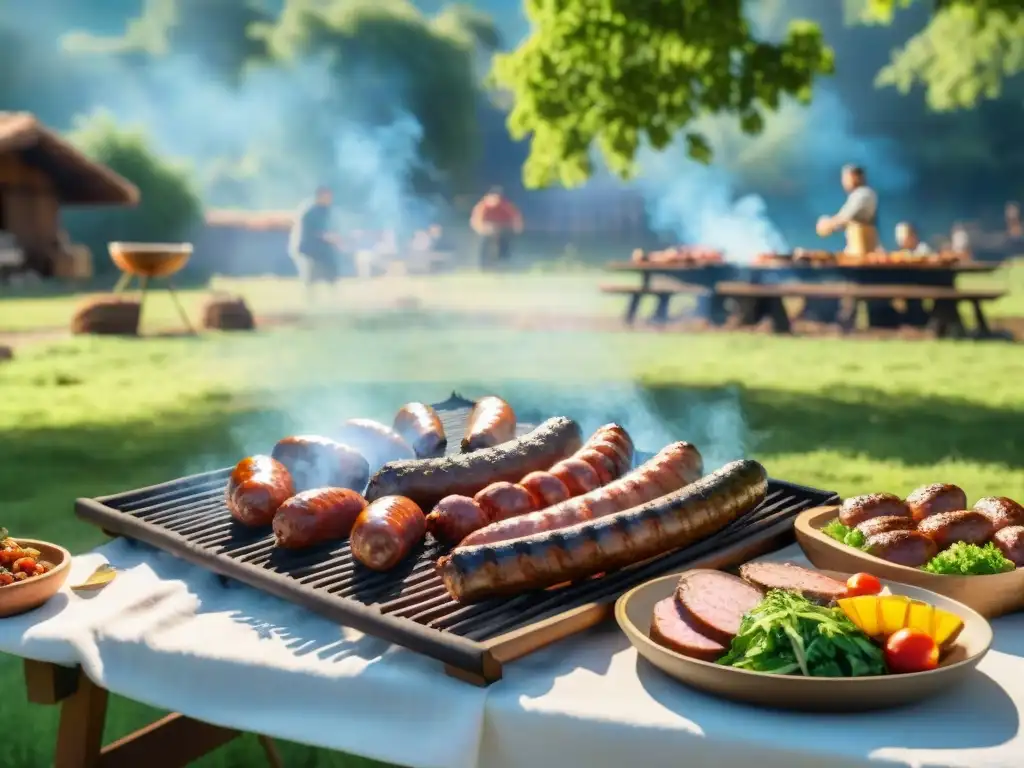 Una reunión de asado argentino al aire libre en el campo con amigos y familia disfrutando de la comida