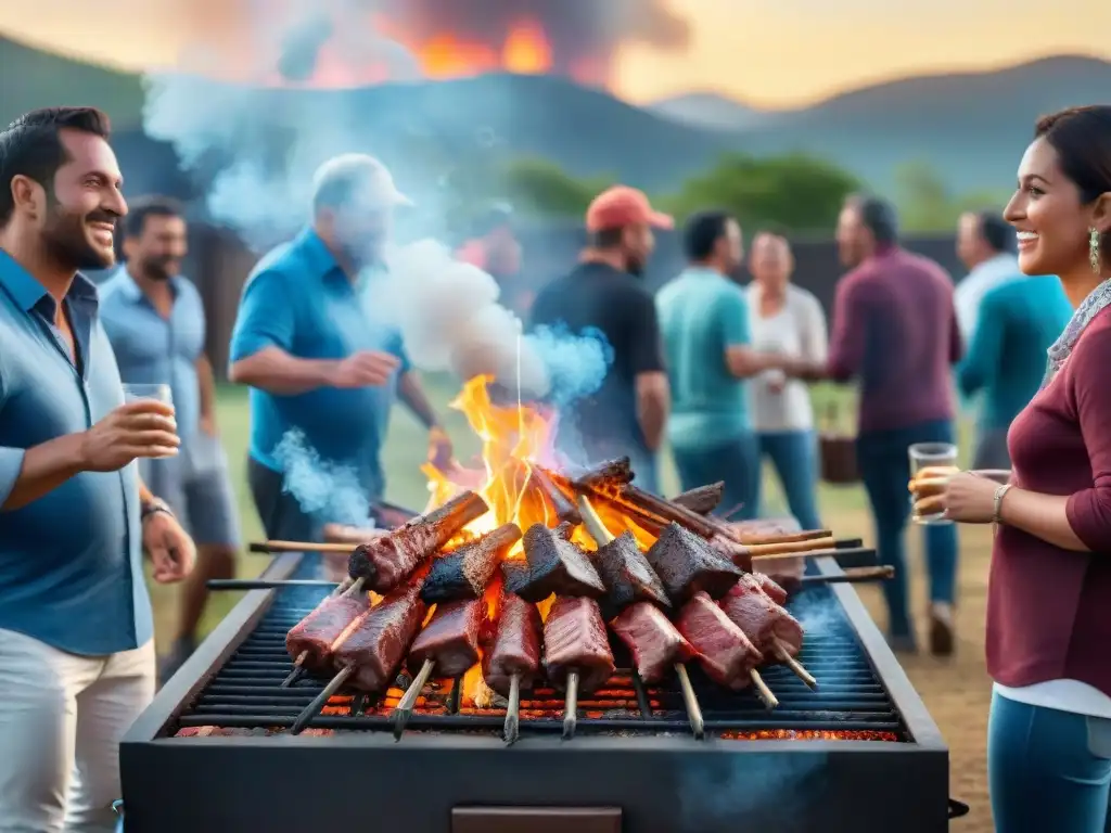 Una reunión de asado uruguayo con amigos y familia, risas y anécdotas