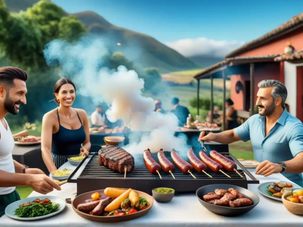 Delicioso asado uruguayo en el campo Una reunión de asado uruguayo en el campo, con amigos y familia disfrutando de una mesa llena de carne a la parrilla y chimichurri