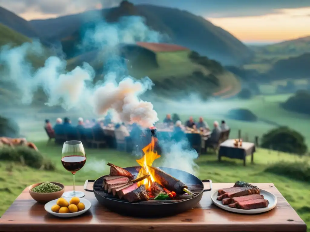 Reunión de asado uruguayo en el campo con amigos, comida tradicional y chimichurri