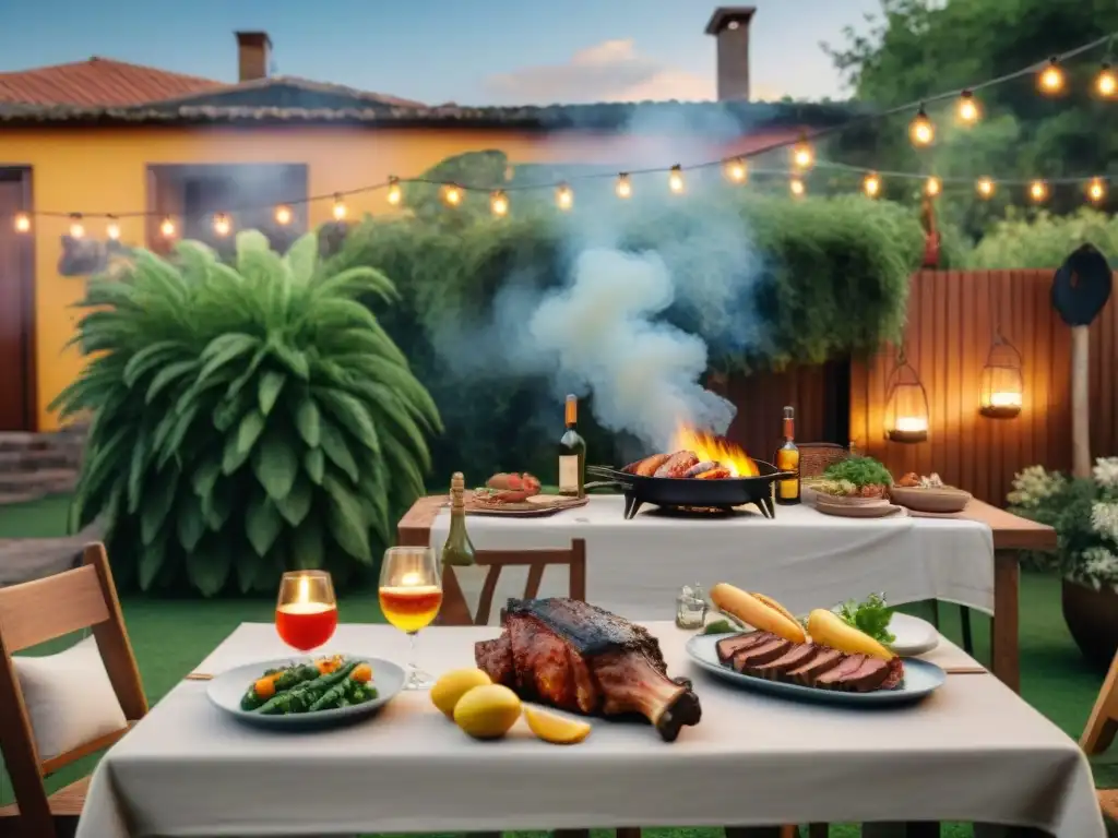 Una reunión de asado uruguayo con influencias internacionales en un jardín pintoresco