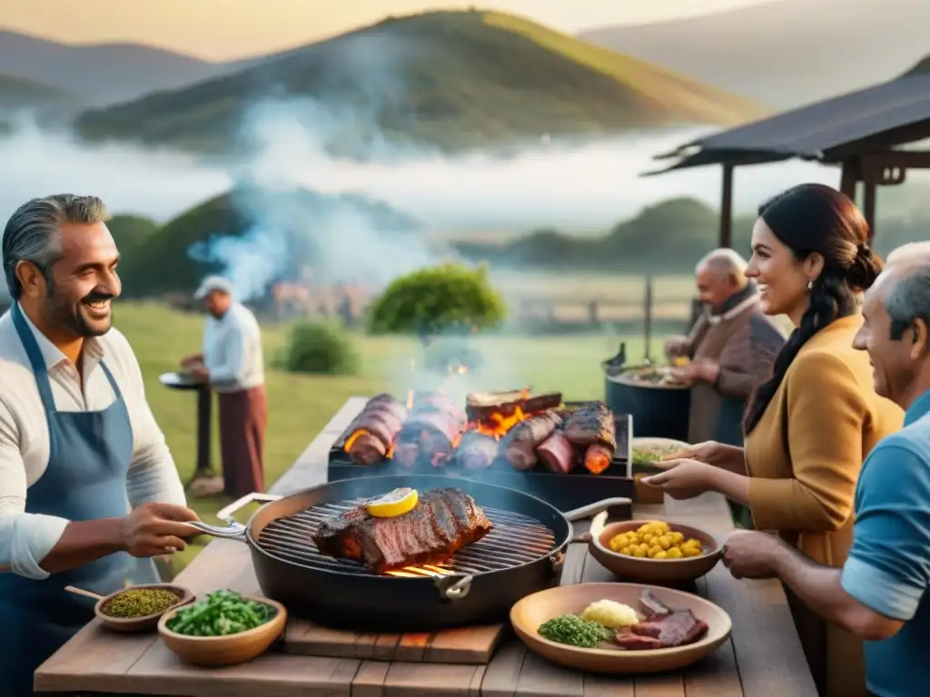 Una reunión alrededor del asado uruguayo, con inmigrantes y locales compartiendo tradiciones en un entorno campestre al atardecer