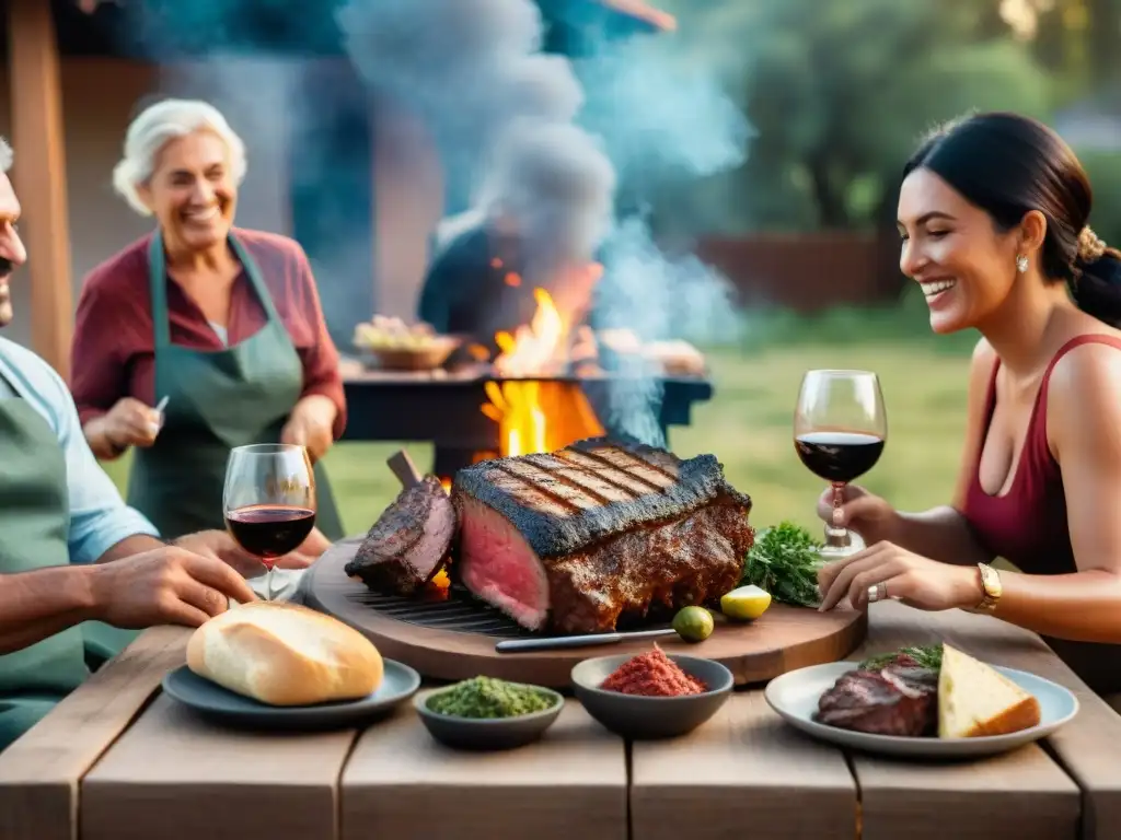 Una reunión de asado uruguayo con maridaje de vino, amigos y familia alrededor de la mesa, capturando la tradición y convivialidad