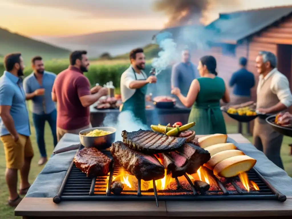 Una reunión de asado uruguayo tradicional con amigos y familiares disfrutando de la comida a la parrilla al aire libre al atardecer