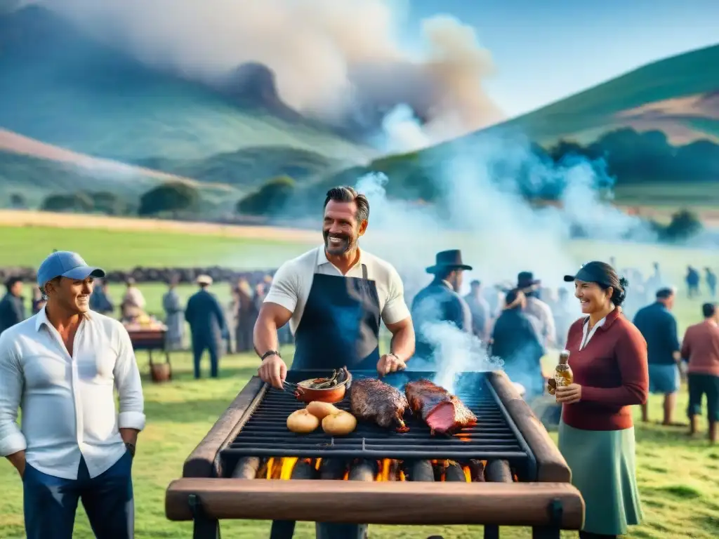 Reunión comunitaria en un asado tradicional uruguayo con deliciosa carne a la parrilla y paisaje campestre