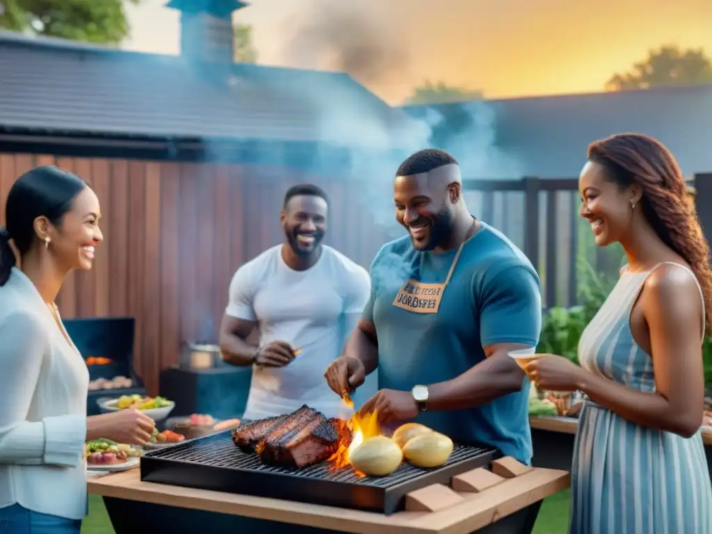 Una reunión ética alrededor de la parrilla con amigos, disfrutando cortes sustentables y vegetales locales