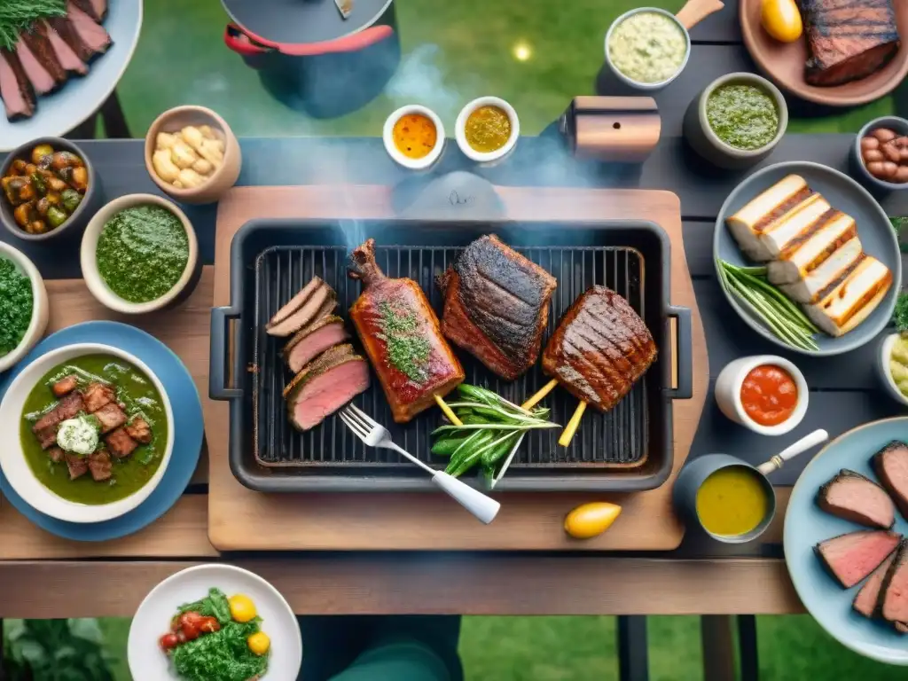 Reunión familiar al aire libre con un asado uruguayo tradicional, amigos y la mesa llena de comida