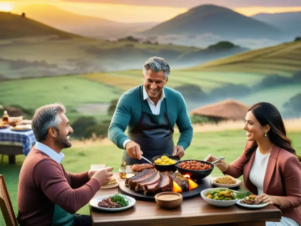 Reunión familiar en un asado uruguayo, con amigos, comida y paisaje campestre al atardecer