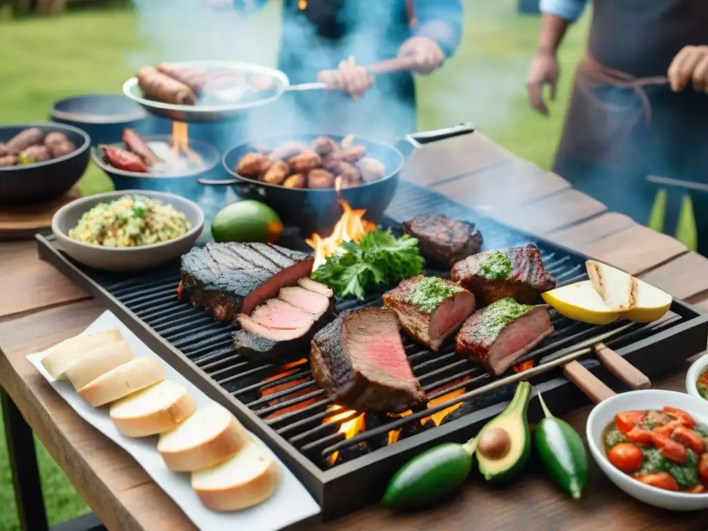 Escena de asado uruguayo con amigos y familia Reunión familiar alrededor de un asado uruguayo tradicional con carnes y acompañamientos, en un patio soleado