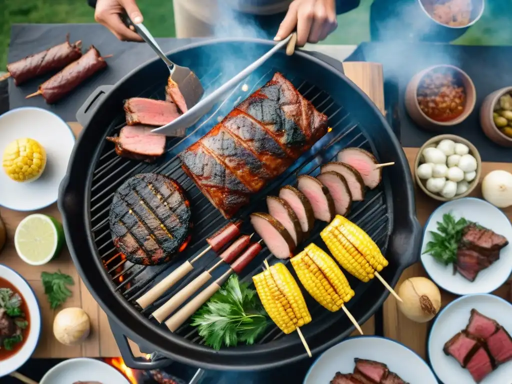 Reunión familiar en un asado uruguayo tradicional, mostrando la esencia de la comunidad y la tradición culinaria