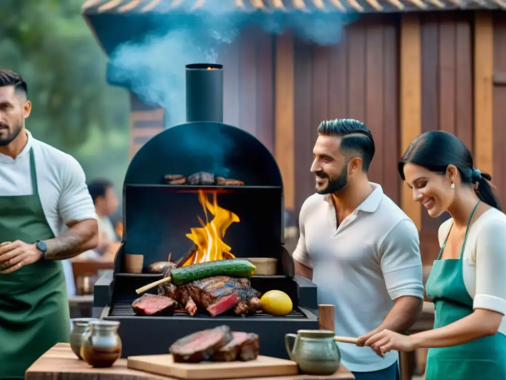 Asado tradicional uruguayo: amigos y familia en parrillada Reunión familiar en un asado uruguayo, con amigos y familia alrededor de una parrilla de leña