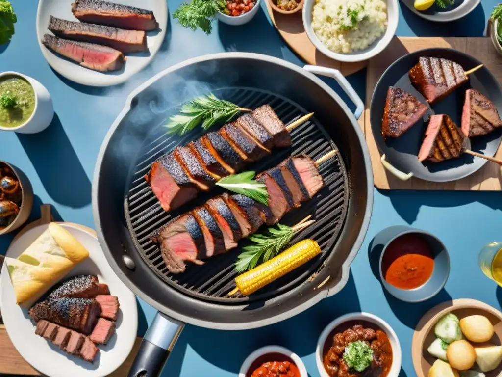 Una reunión familiar alrededor de un asado uruguayo tradicional, mostrando amigos y familia disfrutando de deliciosos cortes de carne a la parrilla