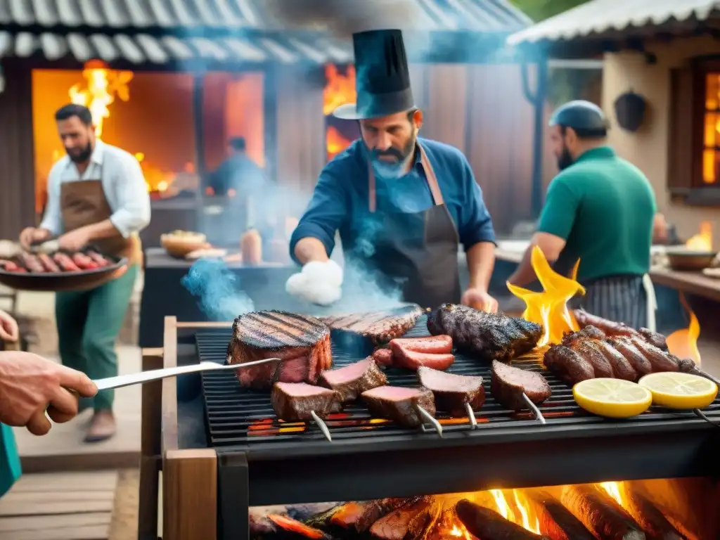 Reunión familiar alrededor de una parrillada uruguaya con técnicas ancestrales de asado