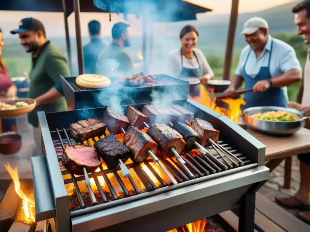 Reunión familiar alrededor de la parrillada uruguaya, una de las mejores fuentes de calor para asado, con carnes sizzling y ambiente cálido al atardecer