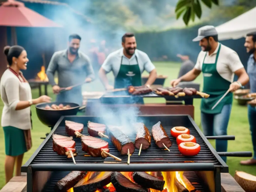 Una reunión festiva de asado uruguayo tradicional con amigos y familia alrededor de la parrilla en un día soleado y vibrante