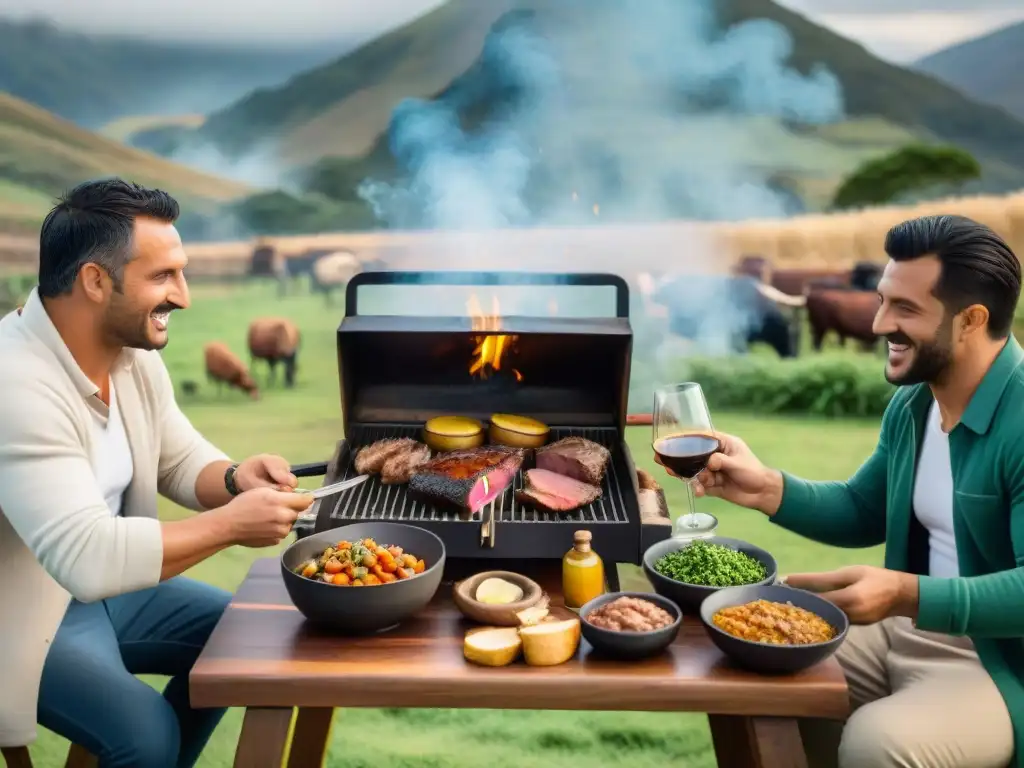 Reunión festiva en el campo uruguayo con asado y amigos, mostrando la esencia de las Rutas del asado uruguayo