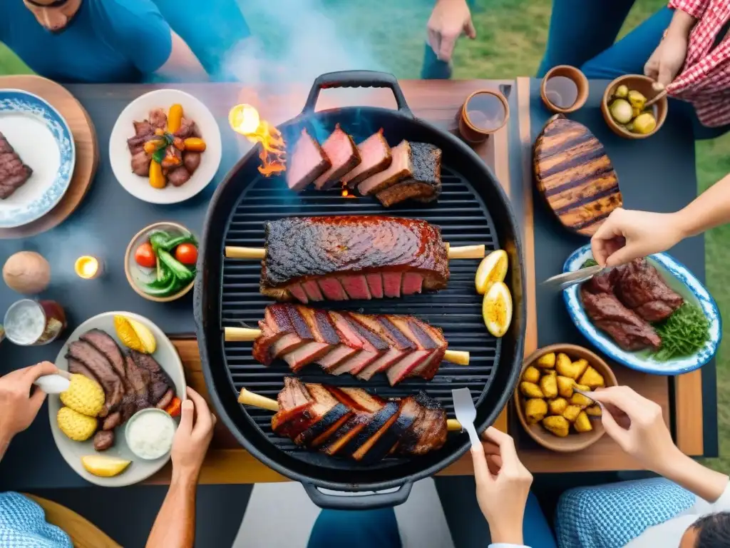 Una reunión perfecta con amigos y familia disfrutando de un asado uruguayo, rodeados de comida y alegría bajo el cielo azul