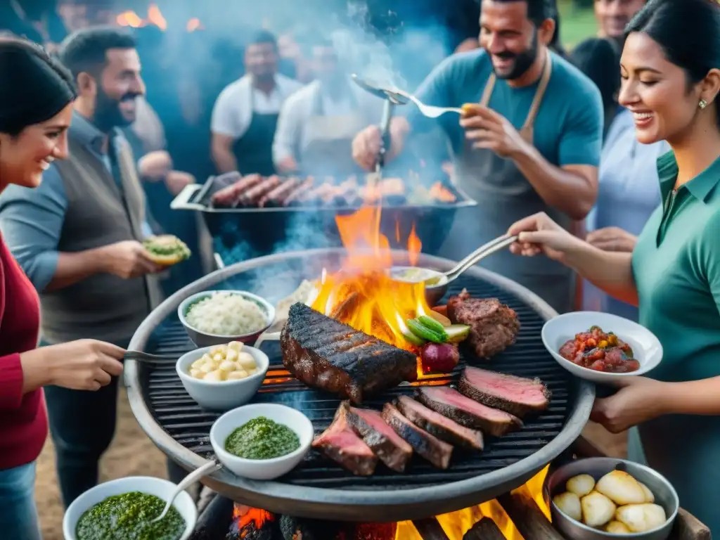 Una reunión tradicional uruguaya con amigos y familia alrededor de un asado, promoviendo la cultura asado uruguayo en el extranjero