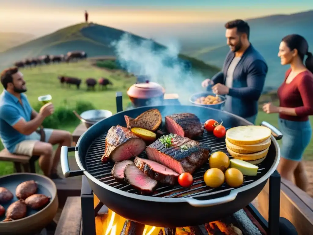 Reunión tradicional uruguaya con amigos y familia disfrutando un asado al aire libre al atardecer dorado, con ingredientes históricos asado uruguayo