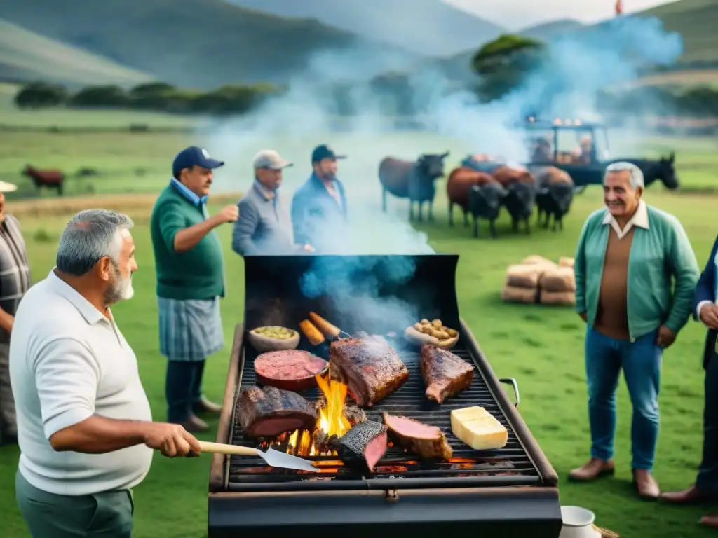 Reunión tradicional uruguaya con asado y símbolos políticos