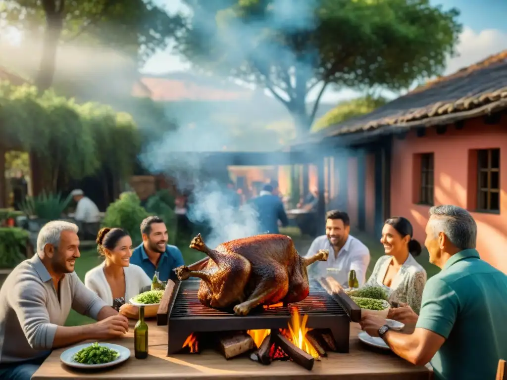 Una reunión tradicional del asado uruguayo: amigos y familia disfrutan de un festín de cordero en el campo