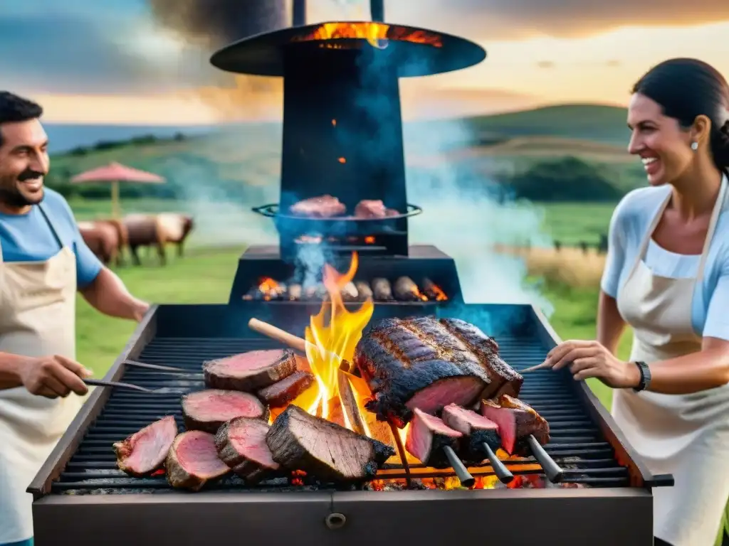 Reunión tradicional de asado uruguayo: parrilla cargada de carne, gente riendo y conversando, bajo cielo azul y colinas verdes