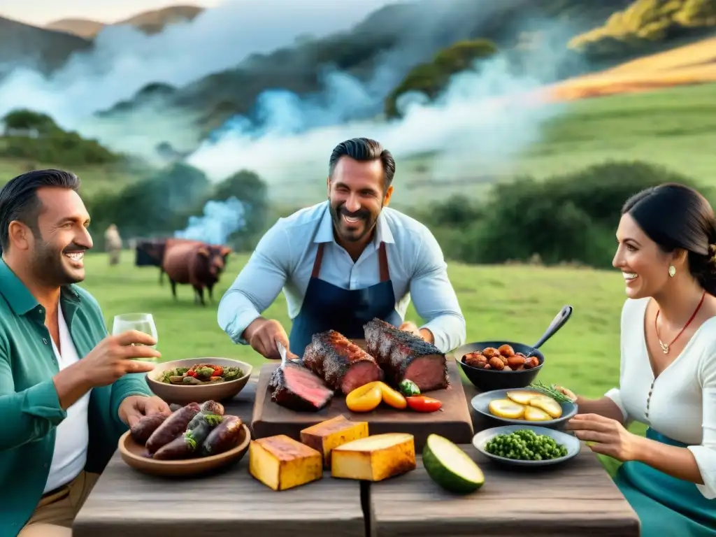 Reunión tradicional de asado uruguayo en el campo: amigos y familia alrededor de la mesa con carnes a la parrilla