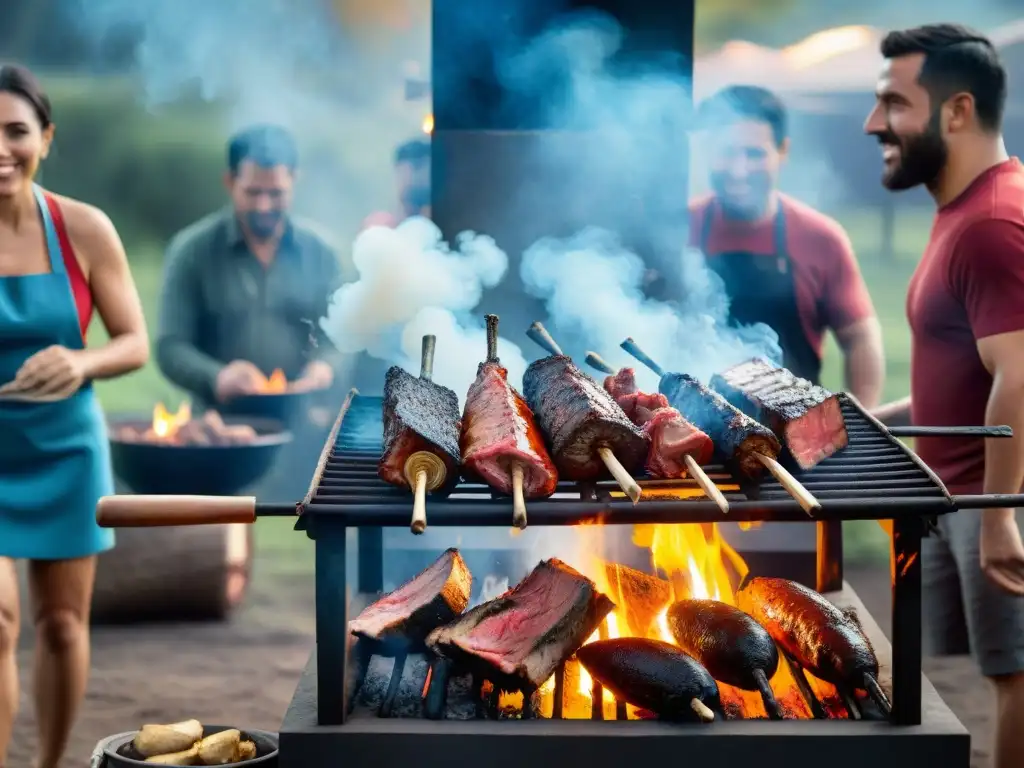 Una reunión tradicional del asado uruguayo: amigos y familia alrededor de la parrilla, con humo y conversaciones animadas