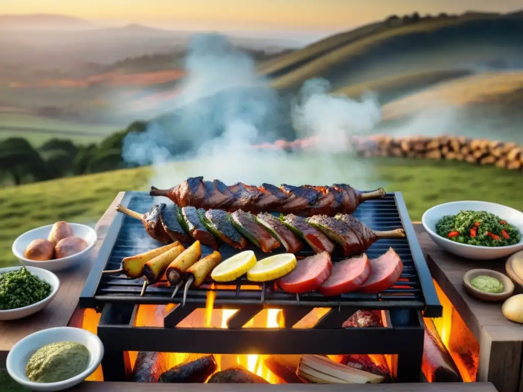 Una reunión tradicional del asado uruguayo: gente alrededor de la parrilla con carne, paisaje campestre y atardecer cálido