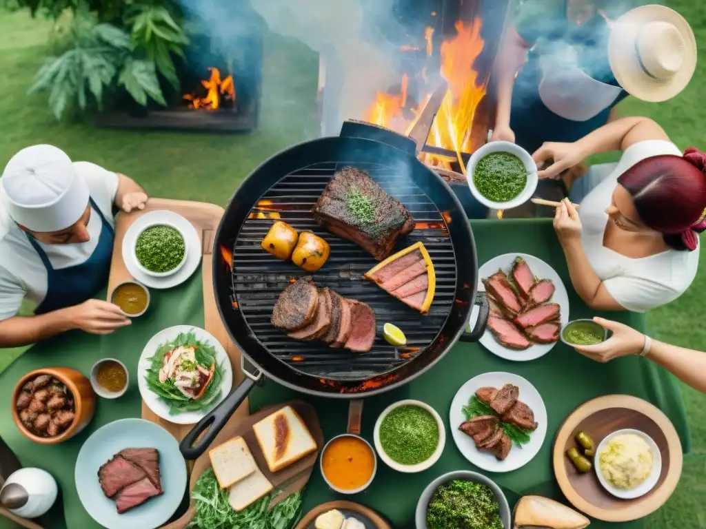 Una reunión tradicional del asado uruguayo: amigos y familia alrededor de la parrilla, disfrutando de la comida y la charla en un jardín verde